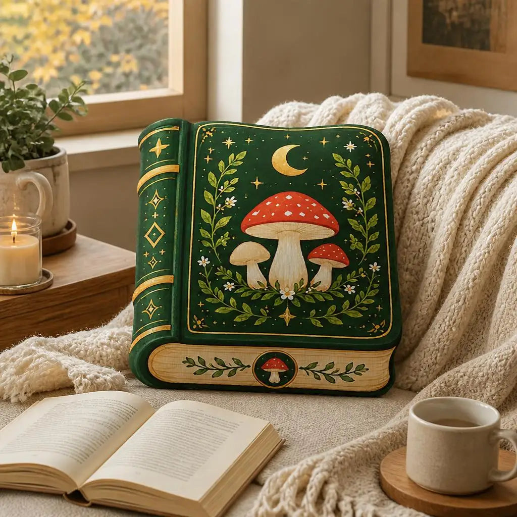 Alternate styled room view: decorative plush pillow featuring vintage-style mushroom and moon book artwork