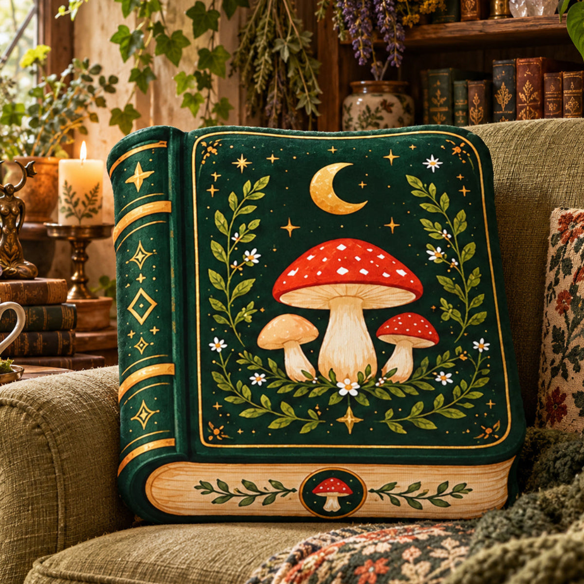 Vintage Mushroom Magic Book Pillow in a witchy room
