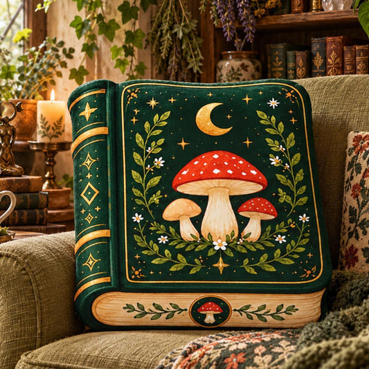 Vintage Mushroom Magic Book Pillow in a witchy room