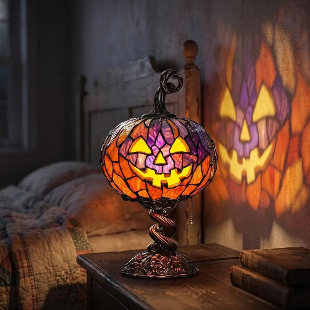Close-up of the carved face detail on the pumpkin lamp