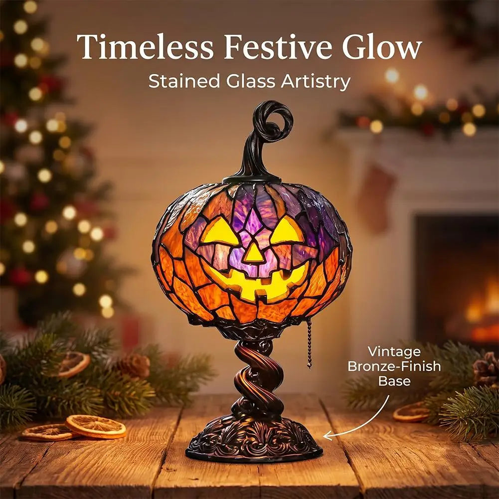 Halloween pumpkin lamp switched off showing its antiqued finish