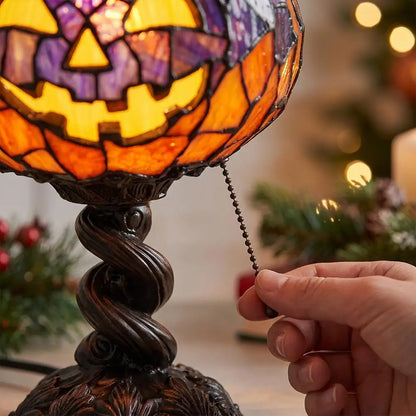 Vintage pumpkin lamp glowing in a darkened hallway