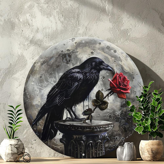 Vintage Rose and Gothic Crow Wall Art Black Raven Metal Sign Gothic Decor-MoonChildWorld