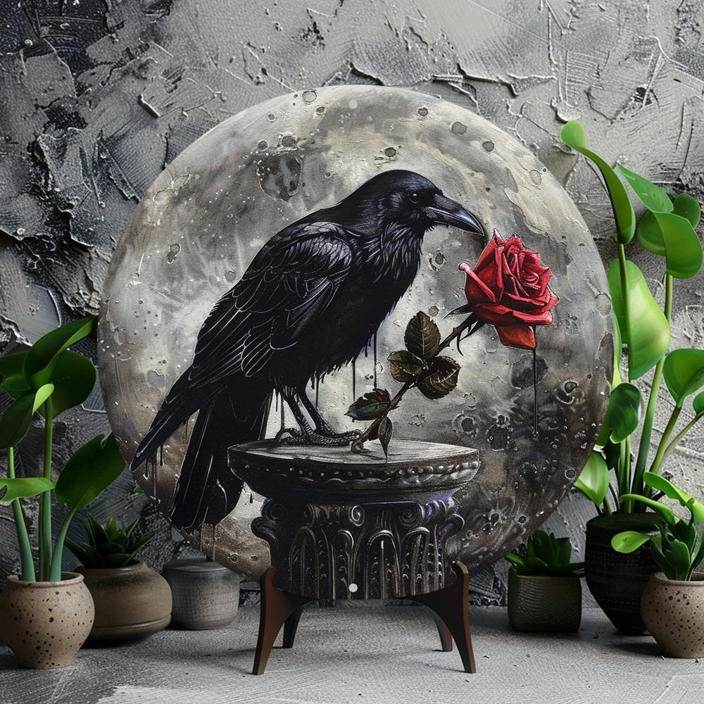 Vintage Rose and Gothic Crow Wall Art Black Raven Metal Sign Gothic Decor-MoonChildWorld