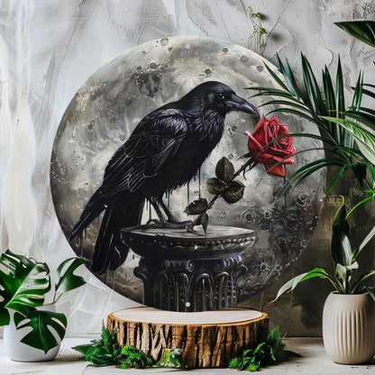 Vintage Rose and Gothic Crow Wall Art Black Raven Metal Sign Gothic Decor-MoonChildWorld