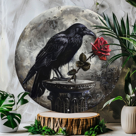Vintage Rose and Gothic Crow Wall Art Black Raven Metal Sign Gothic Decor-MoonChildWorld