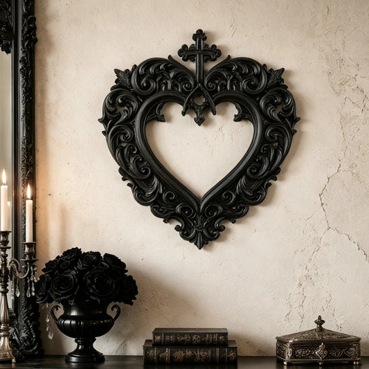 Vintage Scroll Heart Cross Wall Ornament – matte black gothic wall decor, front view