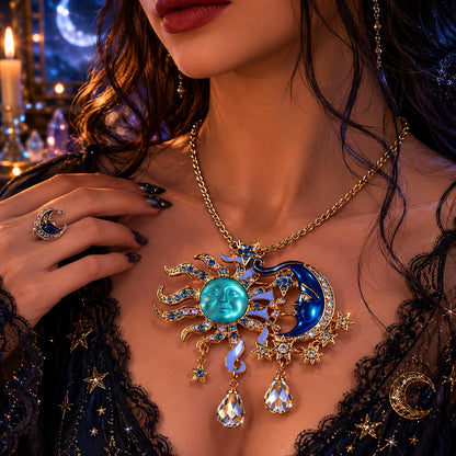 Moon and sun pendant necklace with crystal charms, witchy jewelry for magical altars and Wiccan style