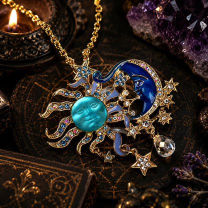Enchanted sun and moon pendant with crystals, perfect for witchcraft and Wiccan jewelry collections.