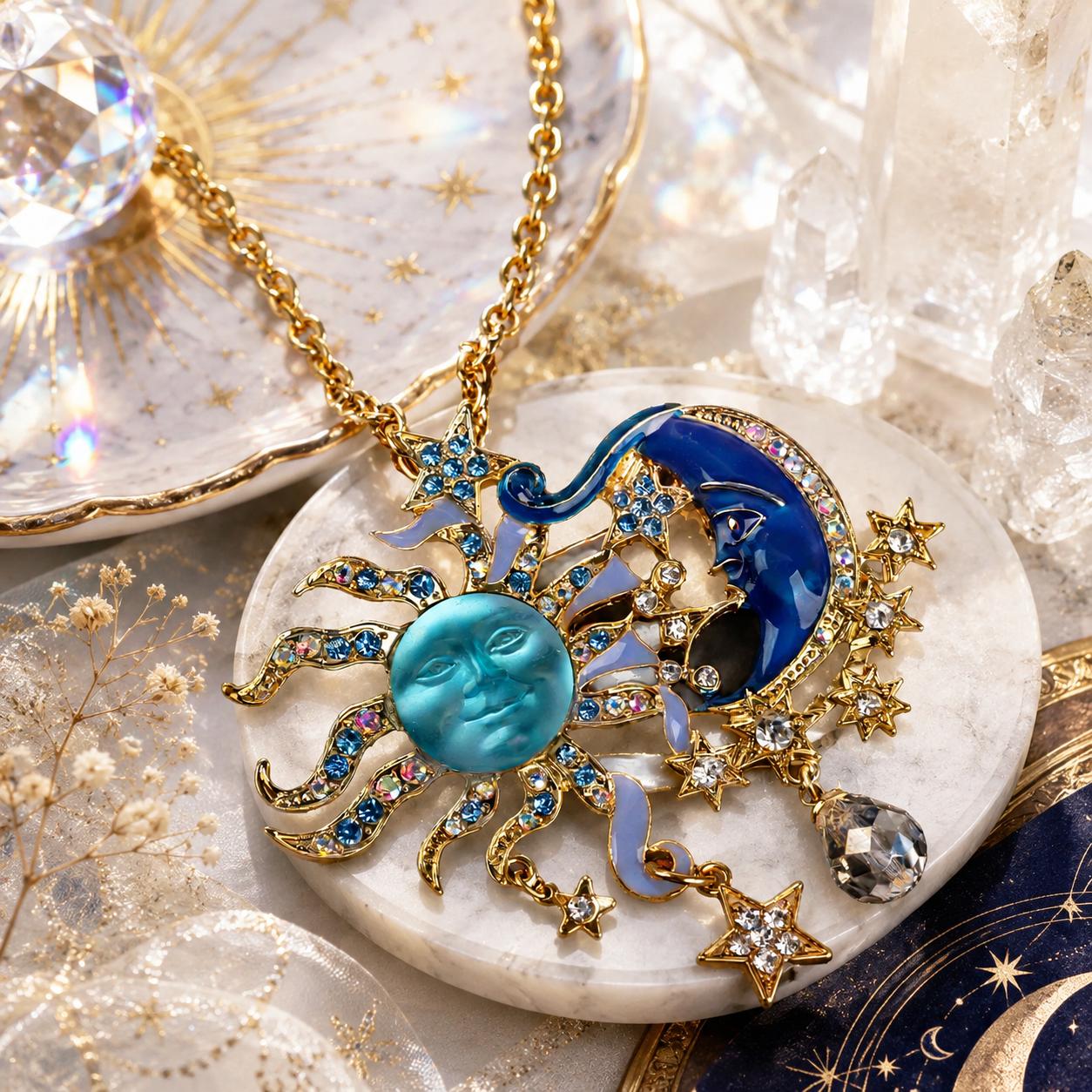 Sun and moon pendant necklace with stars, crystals, and mystical witchcraft jewelry design