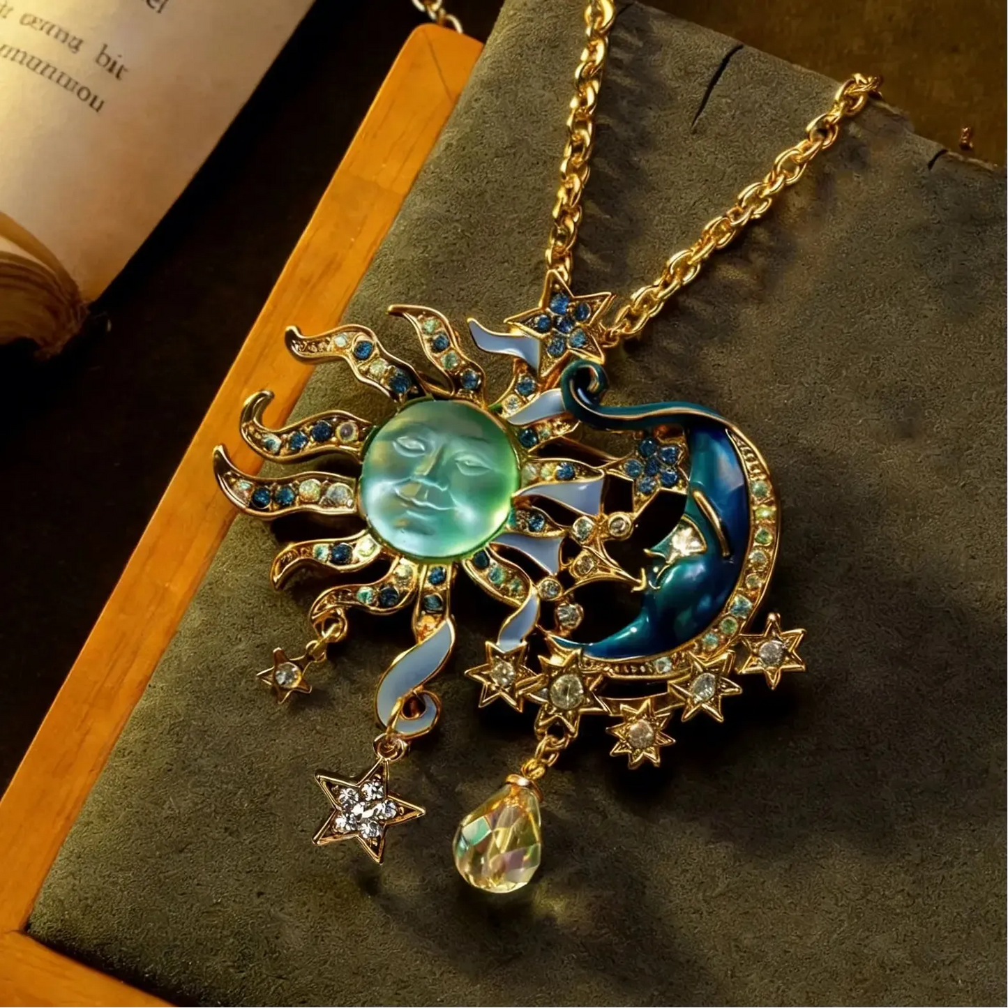 Sun and moon pendant necklace with stars, crystals, and enamel details for witchcraft and Wiccan jewelry