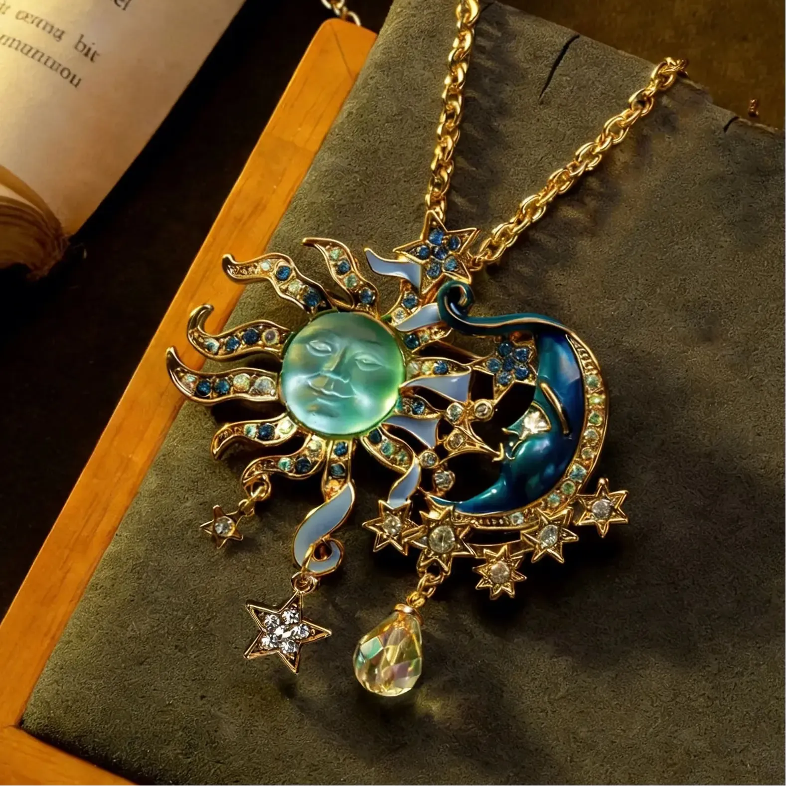 Sun and moon pendant necklace with stars, crystals, and enamel details for witchcraft and Wiccan jewelry