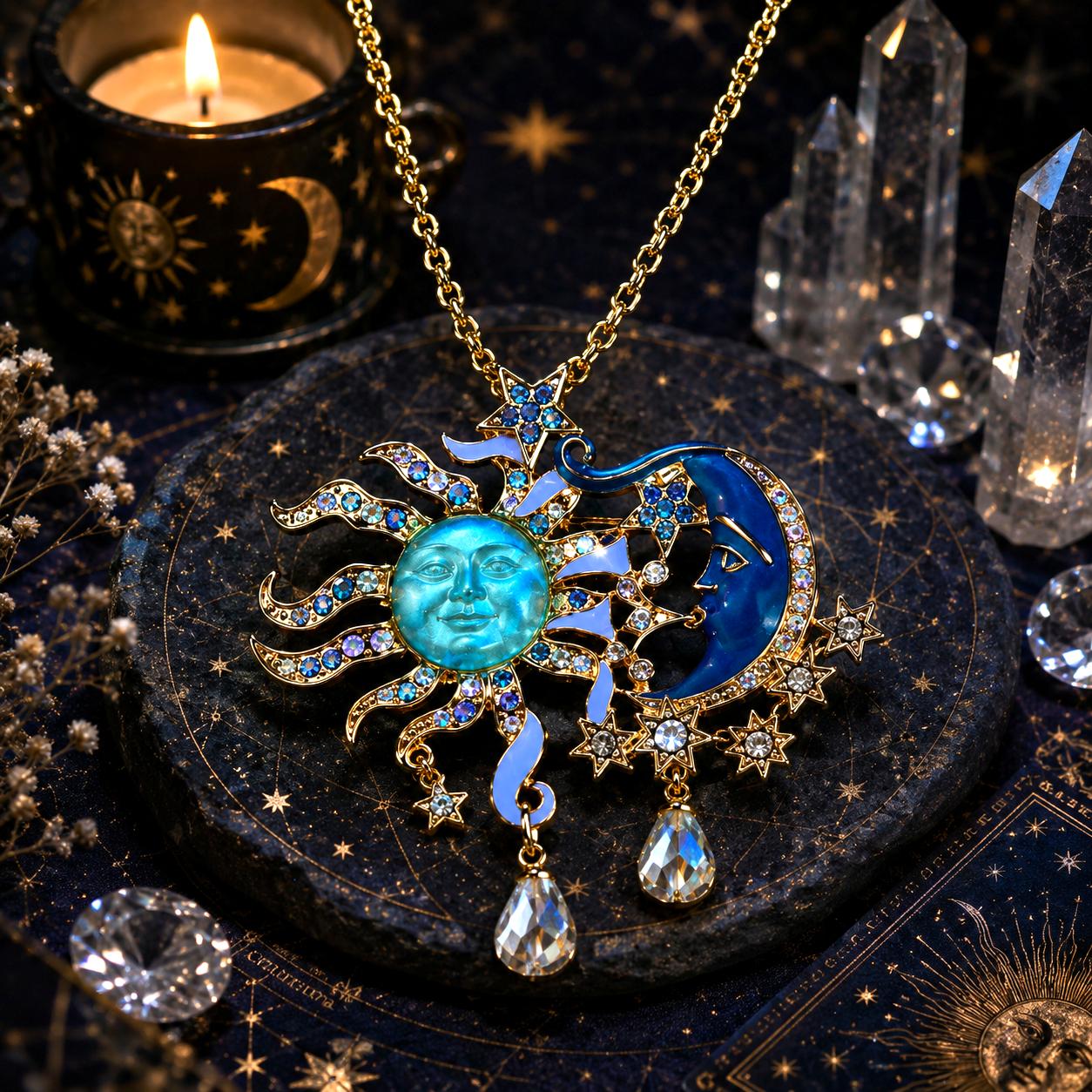 Sun and moon pendant necklace with crystals, witchcraft jewelry on mystical altar