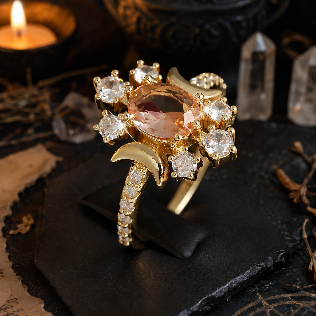 Gold Triple Moon zircon ring photographed at an angle in a Wiccan ritual scene