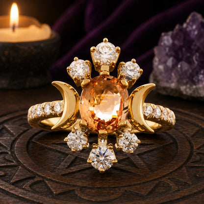 Vintage Triple Moon ring with peach gemstone and zircon stones on Wiccan altar