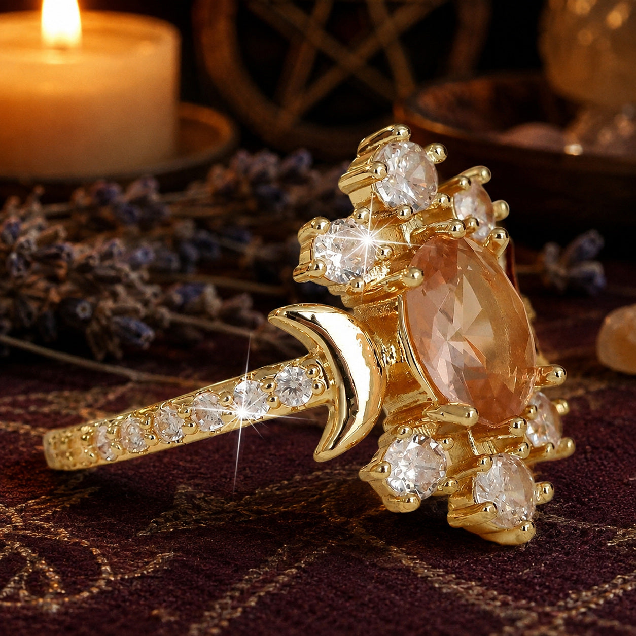 Side profile of Vintage Triple Moon ring showing raised gemstone setting