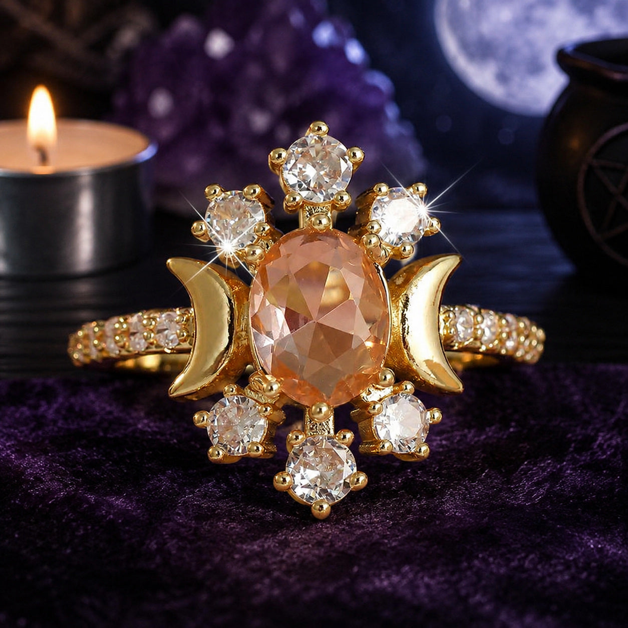Front view of gold Triple Moon Wiccan ring with sparkling zircon stones