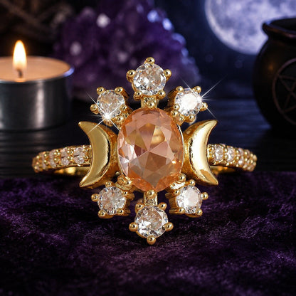 Front view of gold Triple Moon Wiccan ring with sparkling zircon stones