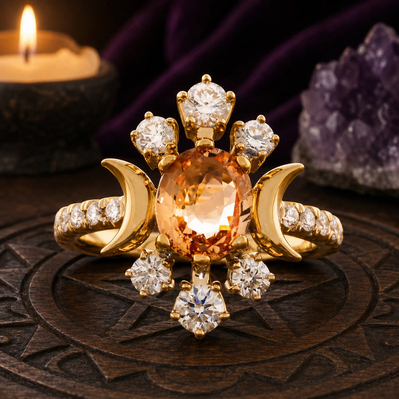 Vintage Triple Moon Ring with Zircon Stones Wiccan Jewelry