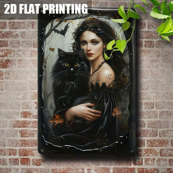 Vintage Witch Black Cat Metal Sign Halloween Decor-MoonChildWorld