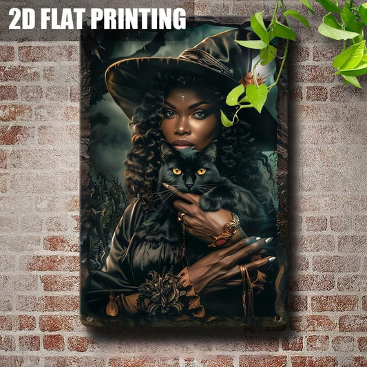 Vintage Witch Black Cat Metal Sign Halloween Decor-MoonChildWorld