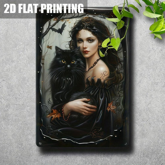 Vintage Witch Black Cat Metal Sign Halloween Decor-MoonChildWorld