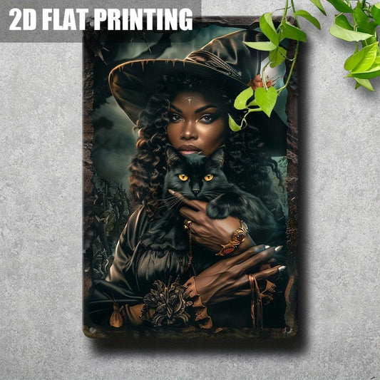 Vintage Witch Black Cat Metal Sign Halloween Decor-MoonChildWorld
