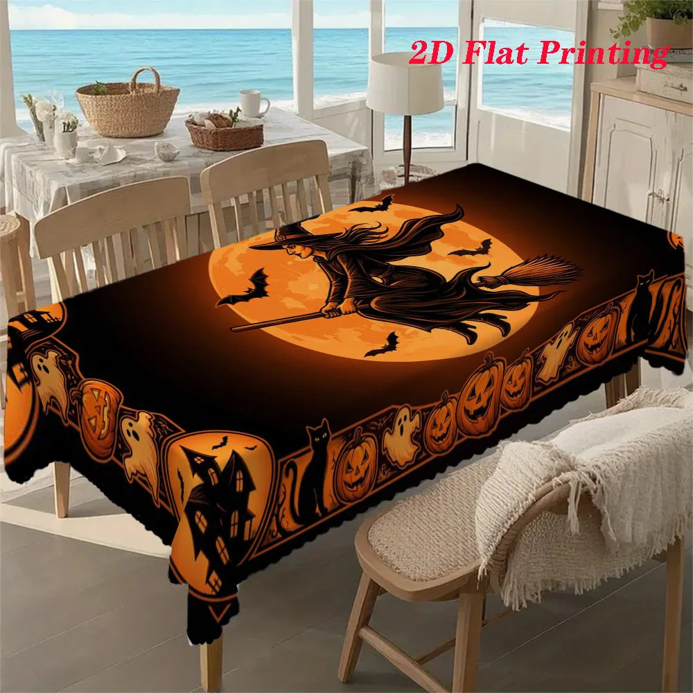 Vintage Witch Broom Haunted House Halloween Tablecloth-MoonChildWorld