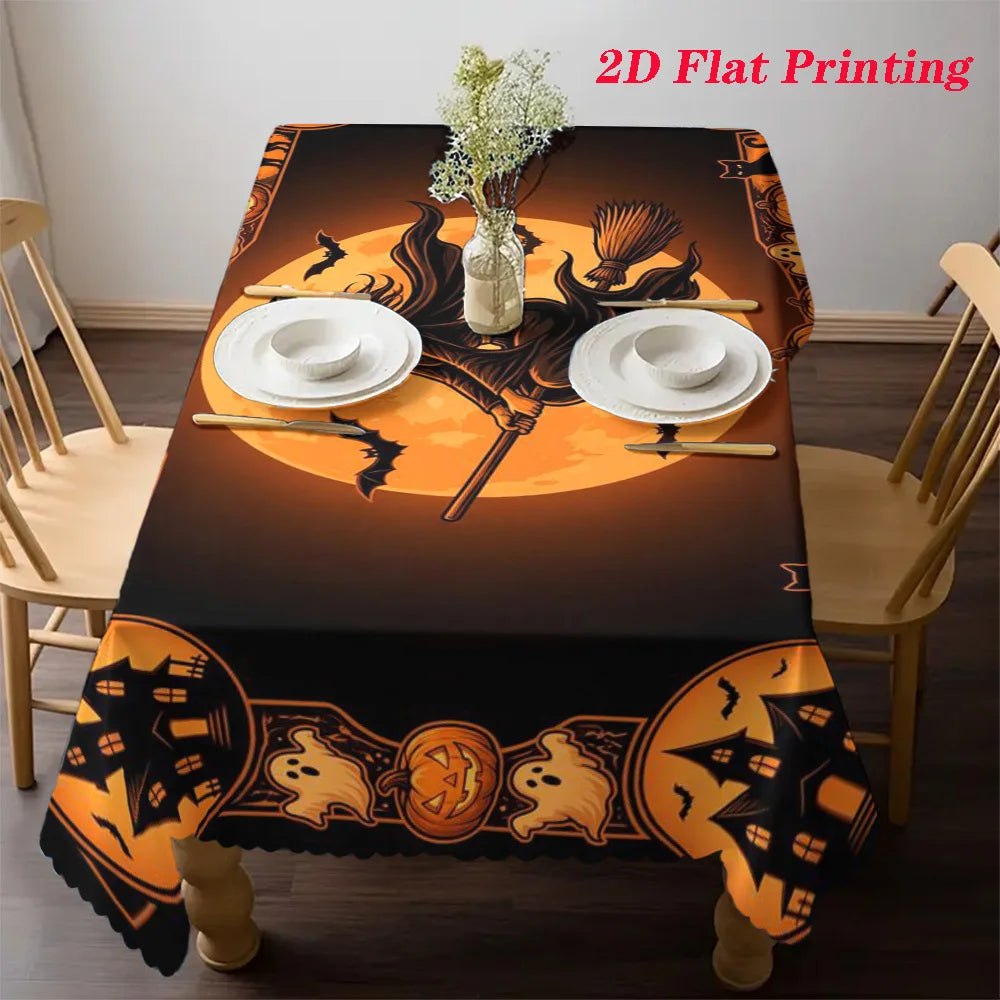 Vintage Witch Broom Haunted House Halloween Tablecloth-MoonChildWorld