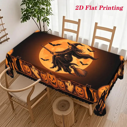Vintage Witch Broom Haunted House Halloween Tablecloth-MoonChildWorld