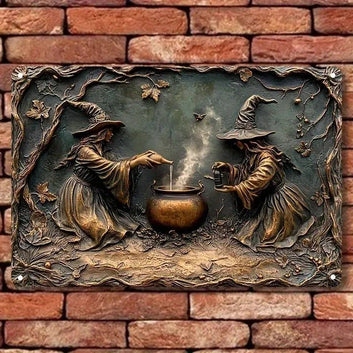 Vintage Witch & Cauldron Wall Art Witchy Metal Sign Halloween Decor-MoonChildWorld