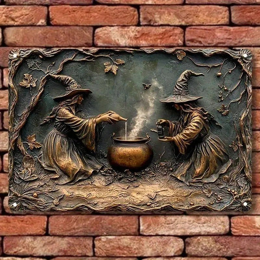 Vintage Witch & Cauldron Wall Art Witchy Metal Sign Halloween Decor-MoonChildWorld