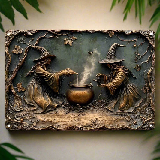 Vintage Witch & Cauldron Wall Art Witchy Metal Sign Halloween Decor-MoonChildWorld