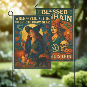 Vintage Witch Halloween Garden Flag and House Flag for Pagan Samhain Home Decor