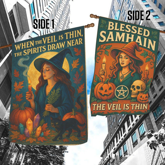 Vintage Witch Halloween Garden Flag and House Flag for Pagan Samhain Home Decor