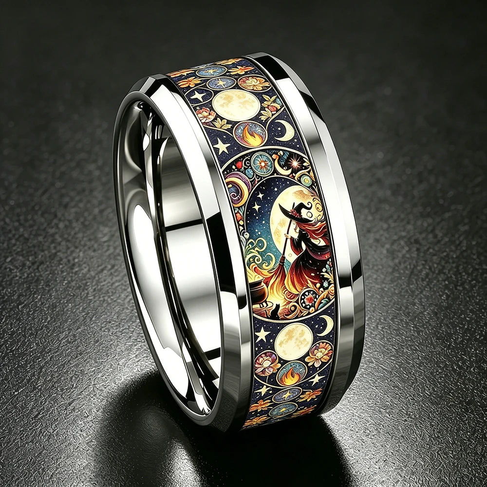 Moon star witch ring close-up polished stainless steel – gothic punk Wiccan Pagan jewellery sizes 9-13