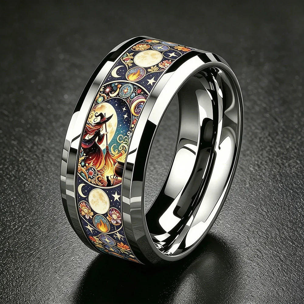 Vintage witch moon star ring worn on hand – gothic stainless steel witchy jewellery statement ring