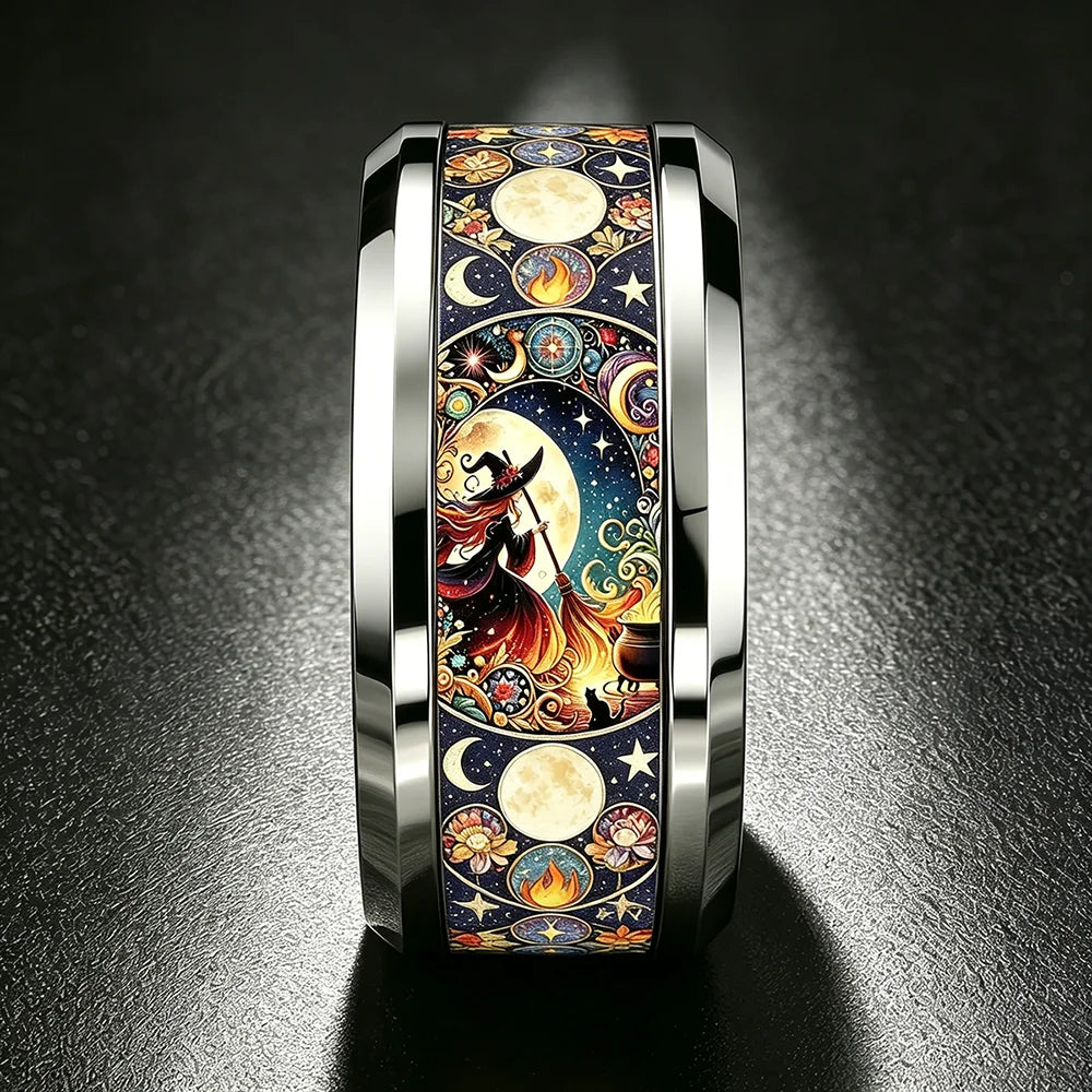 Gothic witch moon inlay ring dark background – vintage punk Pagan Wiccan spiritual jewellery gift
