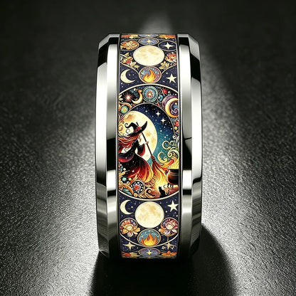 Gothic witch moon inlay ring dark background – vintage punk Pagan Wiccan spiritual jewellery gift