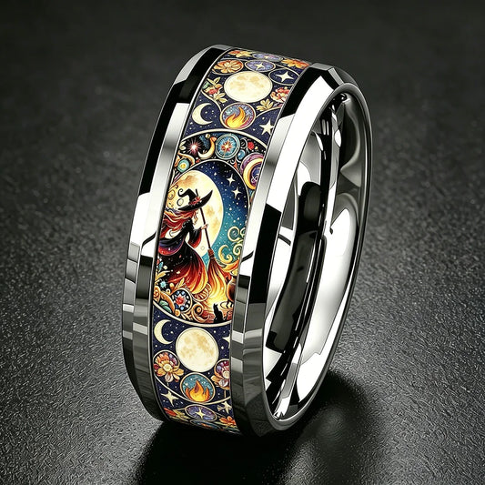 Vintage witch moon star inlay ring stainless steel – gothic punk witchy jewellery for women Halloween