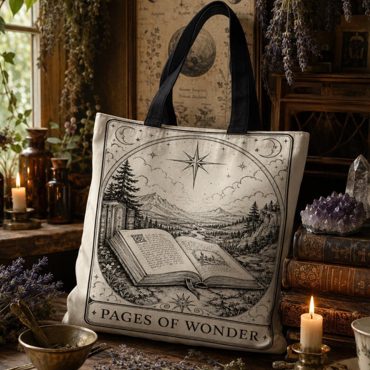 Canvas tote bag printed with 'Pages of Wonder': the book opens to a view of mountains and forests and a large star in the sky.