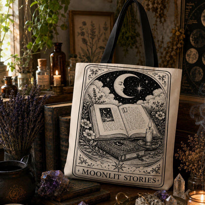 Canvas tote bag printed with 'Moonlit Stories': an open book, a candle, a crescent moon and stars, surrounded by flowers and clouds.