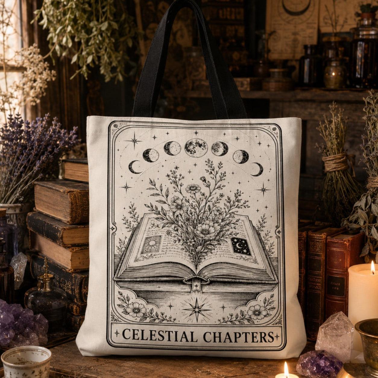 Canvas tote bag printed with 'Celestial Chapters': an open book with a branch of flowers growing out, above which are phases of the moon and stars.