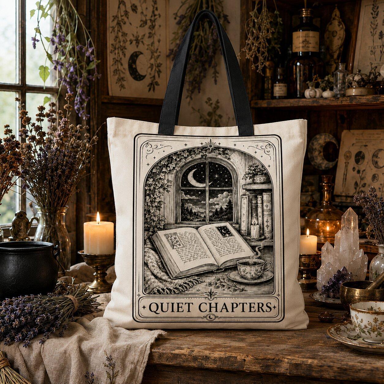 'Quiet Chapters' printed canvas tote bag: an open book placed in front of an arched window with the moon and trees outside.