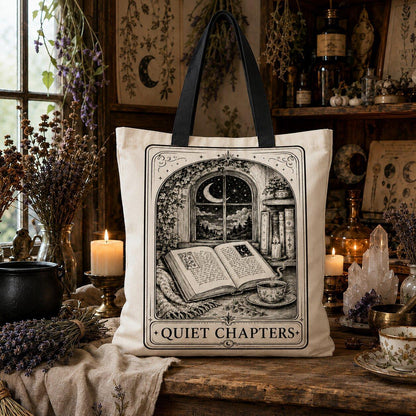 'Quiet Chapters' printed canvas tote bag: an open book placed in front of an arched window with the moon and trees outside.