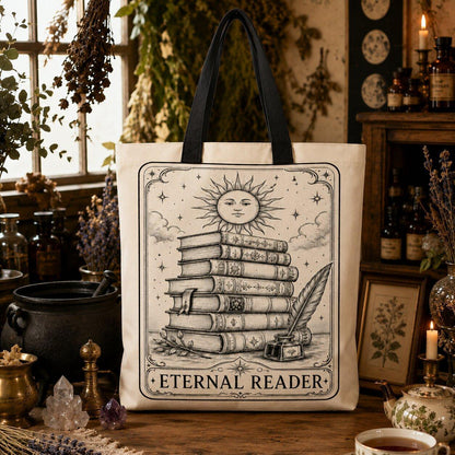 Canvas tote bag printed with 'Eternal Reader': a sun with a face atop a tall stack of books and a quill pen.