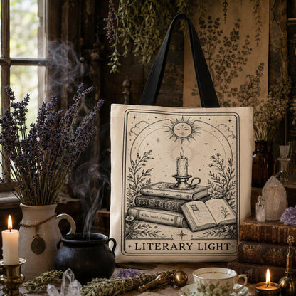 Canvas tote bag printed with 'Literary Light': a sun and candle above, a stack of books and open books below, surrounded by flowers and foliage.