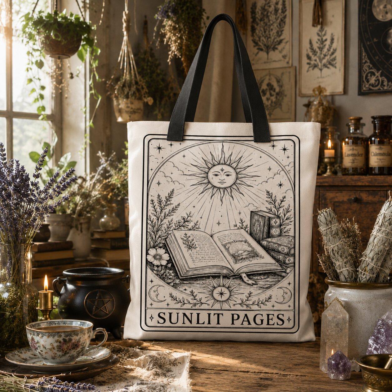'Sunlit Pages' printed canvas tote bag: the sun shining from above, open books and stacks of books below, along with flowers and foliage.