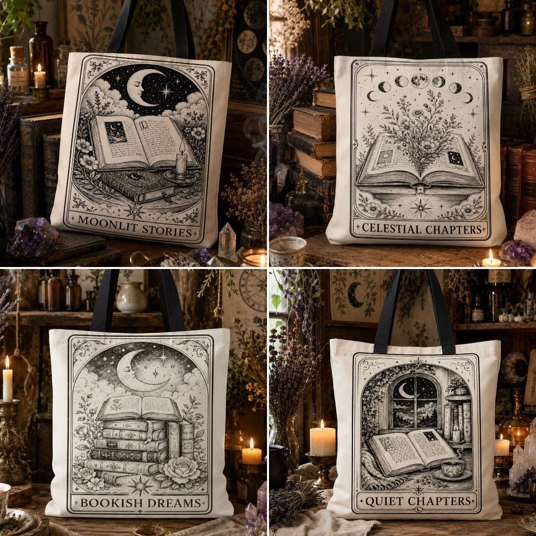 A four-panel collage showing the same tote bag in different printed designs, each with black handles and a black-and-cream illustration featuring books, moons, flowers, and text reading 'Moonlit Stories,' 'Celestial Chapters,' 'Bookish Dreams,' and 'Quiet Chapters.' The bags are photographed in a cozy, dark, rustic room with candles, books, and dried flowers.