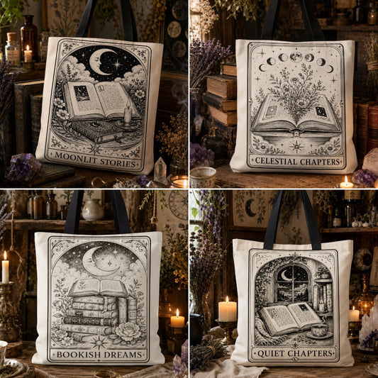 A four-panel collage showing the same tote bag in different printed designs, each with black handles and a black-and-cream illustration featuring books, moons, flowers, and text reading 'Moonlit Stories,' 'Celestial Chapters,' 'Bookish Dreams,' and 'Quiet Chapters.' The bags are photographed in a cozy, dark, rustic room with candles, books, and dried flowers.